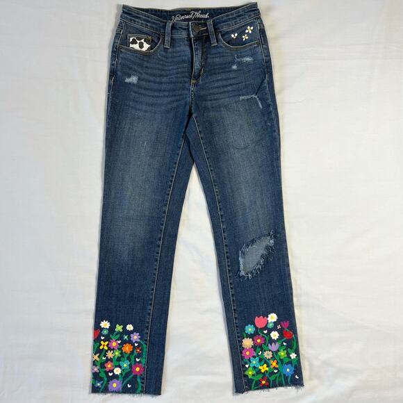 Custom Painted 00/24 High Rise Straight Crop Floral Distressed Y2k Denim Jeans - Picture 2 of 10